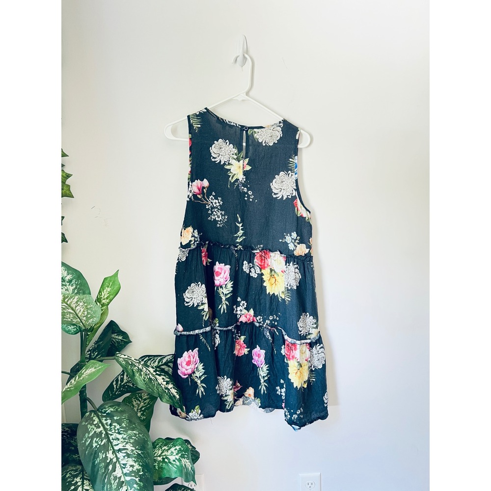Linen Babydoll Dress Navy Floral Tiered Sleeveless Lagenlook Tunic Sundress - Picture 6 of 10